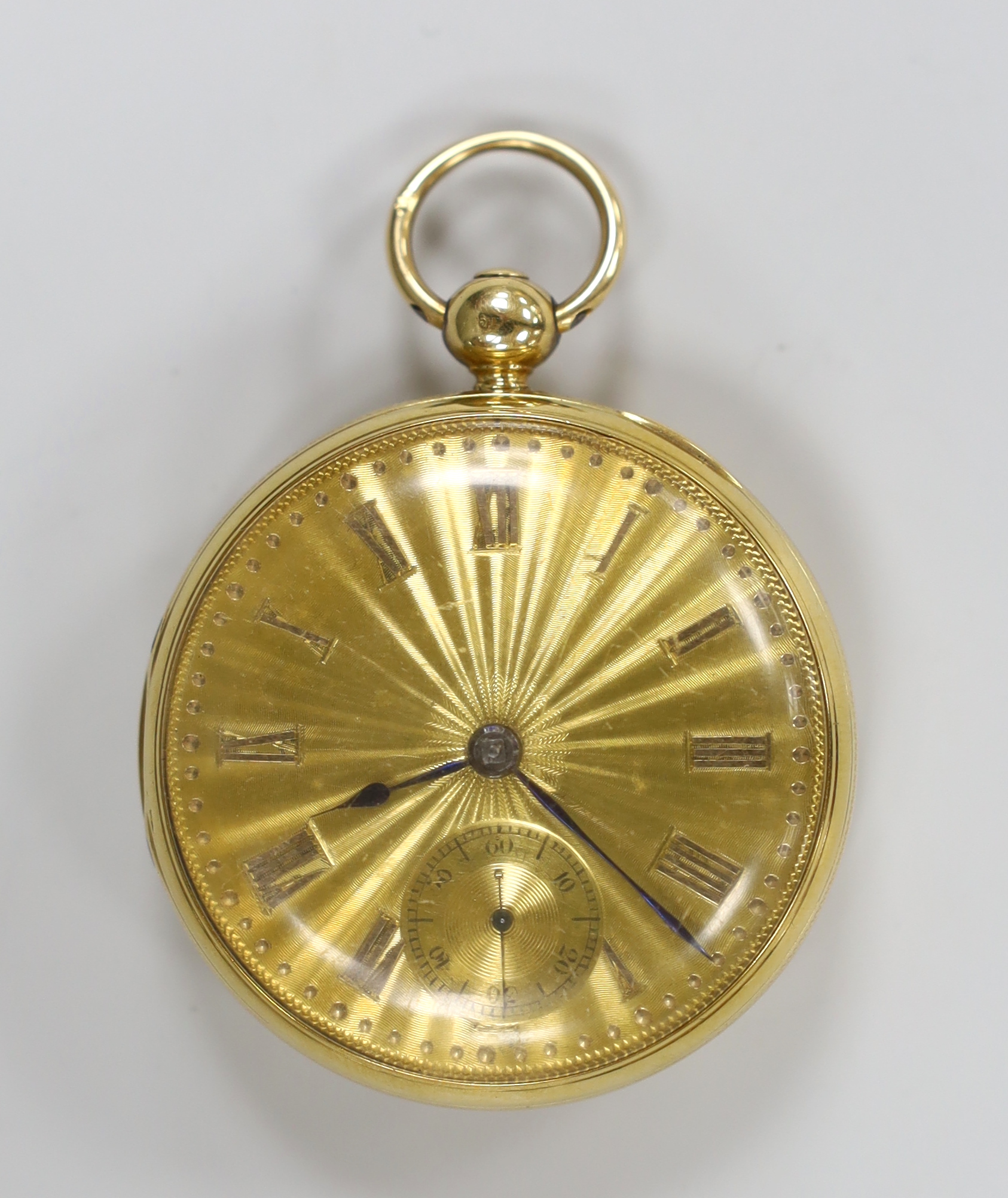 A late William IV 18ct gold open face keywind pocket watch, with yellow Roman dial and subsidiary seconds, case diameter 49mm